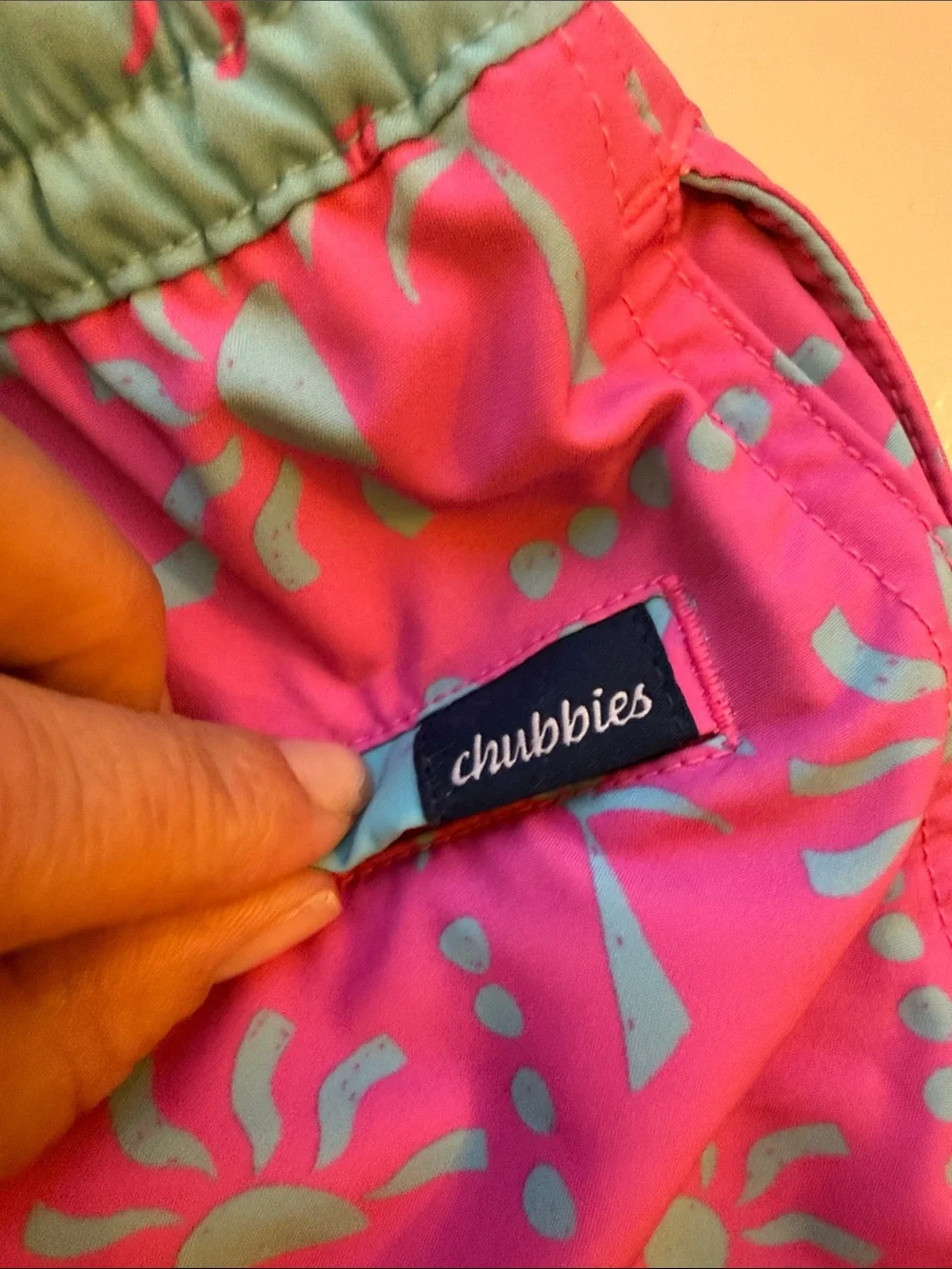 chubbies Teal Swim Trunks with Pink Palm Print